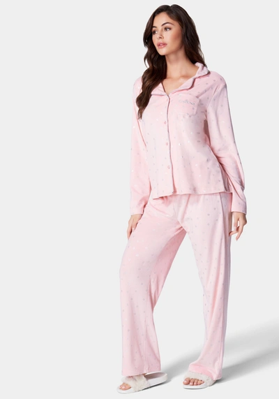 Bebe Sliver Foil Plush Pajama Set In Light Pink