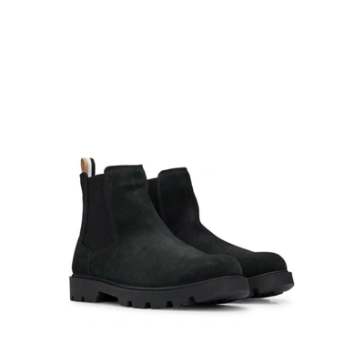 Shop Hugo Boss Chelsea Boots In Suede With Signature-stripe Tape In Black