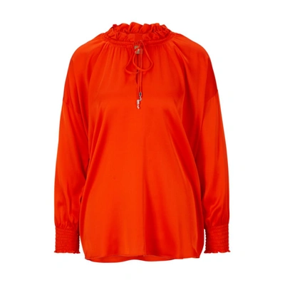 Shop Hugo Boss Relaxed-fit Blouse In Stretch Silk With Tie Front In Orange