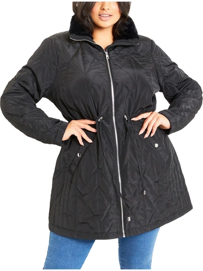 Shop Evans Plus Womens Faux Fur Trim Quilted Puffer Jacket In Black