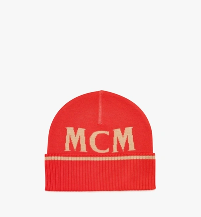 Shop Mcm Intarsia Logo Wool Beanie In Red