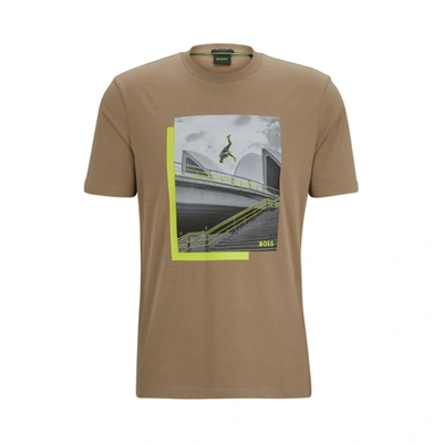 Shop Hugo Boss Photo-print T-shirt In Stretch-cotton Jersey In Green