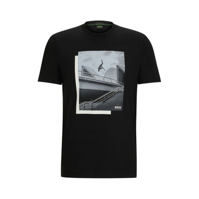 Shop Hugo Boss Photo-print T-shirt In Stretch-cotton Jersey In Black