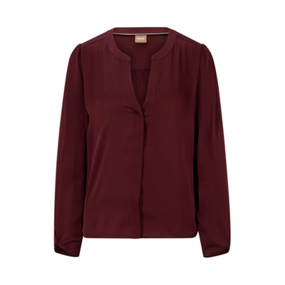 Shop Hugo Boss Collarless Relaxed-fit Blouse In Stretch Silk In Red