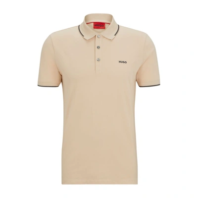 Shop Hugo Stretch-cotton Slim-fit Polo Shirt With Printed Logo In Beige