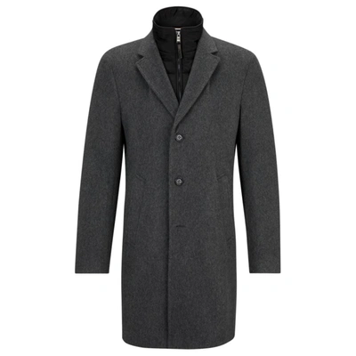 Shop Hugo Boss Wool-blend Coat With Zip-up Inner In Grey