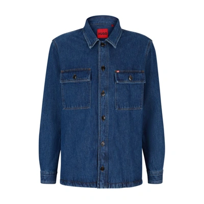 Shop Hugo Oversized-fit Overshirt In Cotton Denim And Logo Detail In Blue