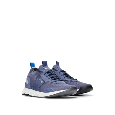 Shop Hugo Boss Structured-knit Sock Trainers With Branding In Blue