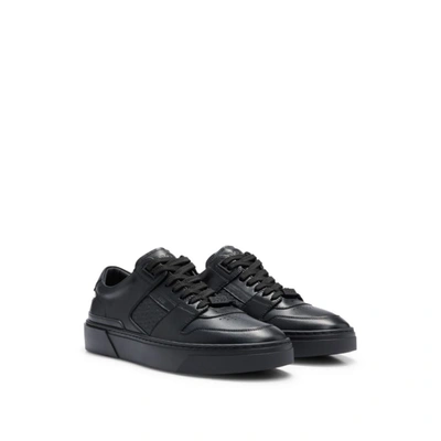 Shop Hugo Boss Leather Lace-up Trainers With Monogram Detailing In Black