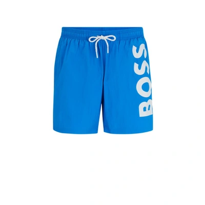 Shop Hugo Boss Quick-dry Swim Shorts With Large Logo Print In Blue