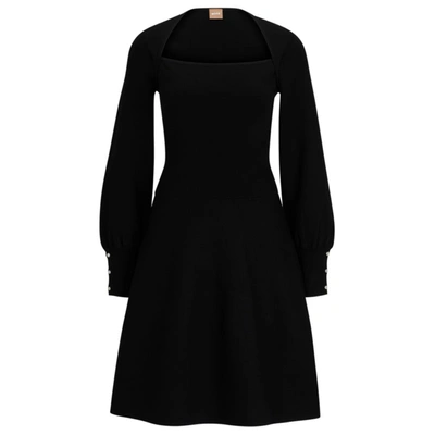 Shop Hugo Boss Long-sleeved Knitted Dress With Square Neckline In Black