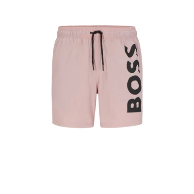 Shop Hugo Boss Quick-dry Swim Shorts With Large Logo Print In Pink