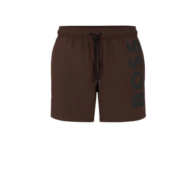 Shop Hugo Boss Quick-dry Swim Shorts With Large Logo Print In Brown