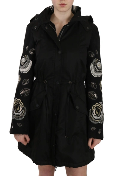 Shop John Richmond Floral Sequined Beaded Hooded Jacket Women's Coat In Black