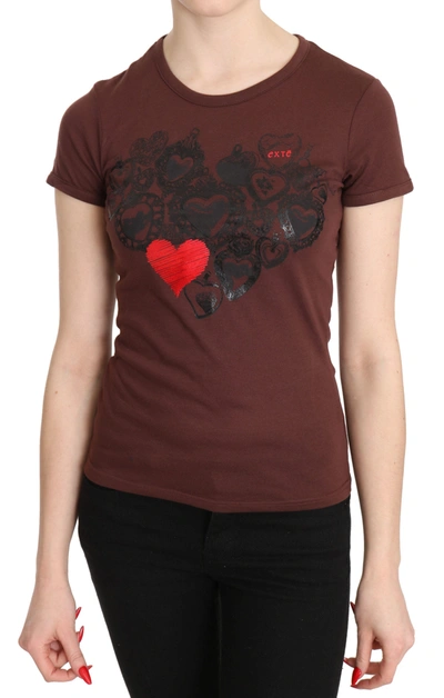Shop Exte Hearts Printed Round Neck T-shirt Women's Top In Brown