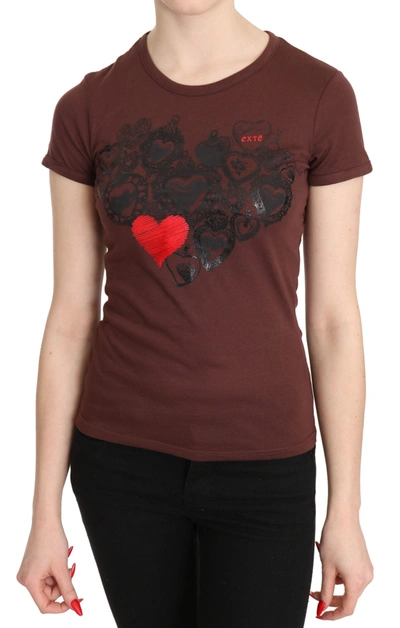 Exte Hearts Printed Round Neck T-shirt Top In Brown