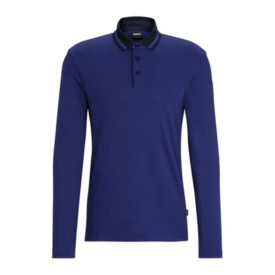 Shop Hugo Boss Slim-fit Long-sleeved Polo Shirt With Woven Pattern In Blue