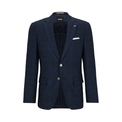 Shop Hugo Boss Slim-fit Jacket In A Checked Stretch-wool Blend In Blue
