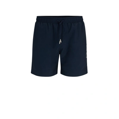 Shop Hugo Boss Quick-drying Swim Shorts With Metallic Logo In Blue