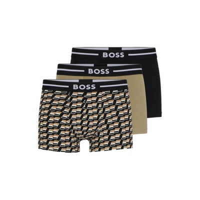 Shop Hugo Boss Three Pack Of Stretch-cotton Trunks With Logo Waistbands In Multi