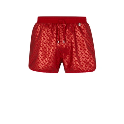 Shop Hugo Boss Monogram-print Swim Shorts In Quick-drying Fabric In Red