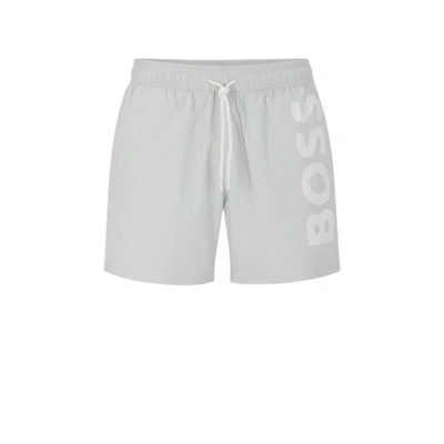 Shop Hugo Boss Quick-dry Swim Shorts With Large Logo Print In Grey