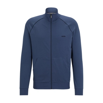 Shop Hugo Boss Zip-up Loungewear Jacket In Stretch Cotton With Logo In Blue
