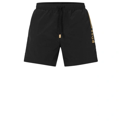Shop Hugo Boss Quick-drying Swim Shorts With Metallic Logo In Black