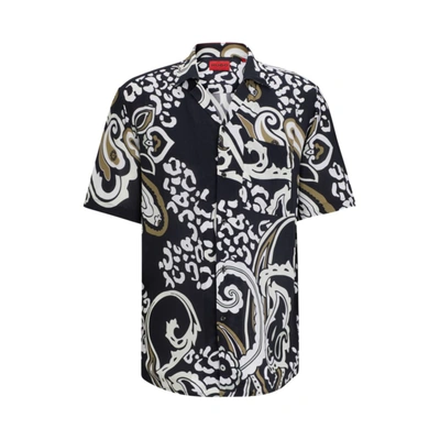 Shop Hugo Relaxed-fit Shirt In Paisley-print Canvas In Black