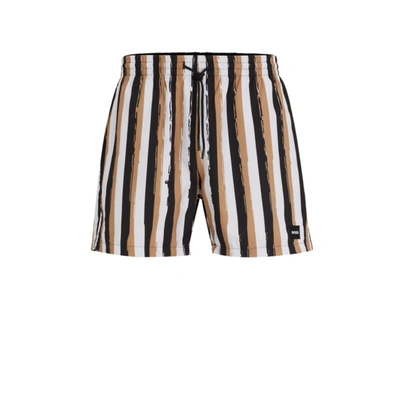 Shop Hugo Boss Striped Swim Shorts In Quick-drying Fabric In Beige