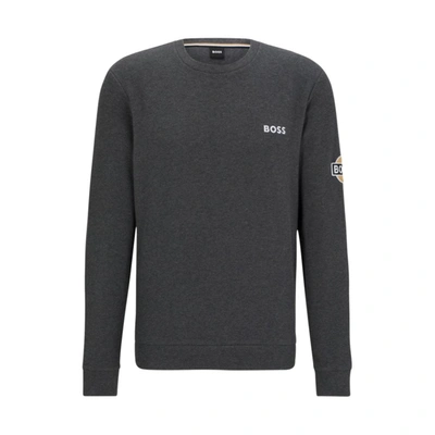 Shop Hugo Boss Cotton-blend Waffle Loungewear Sweatshirt With Patch Logo In Grey