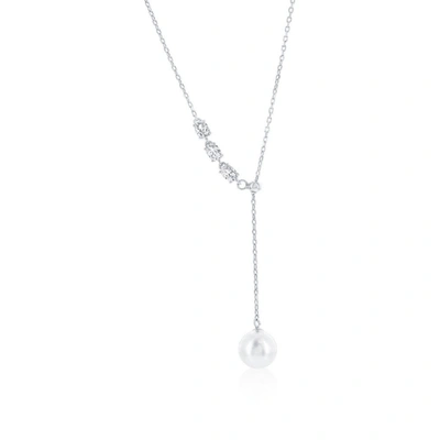 Simona Sterling Silver Or Gold Plated Over Sterling Silver 8mm Pearl, Triple Oval Cz Lariat Necklace In Silver