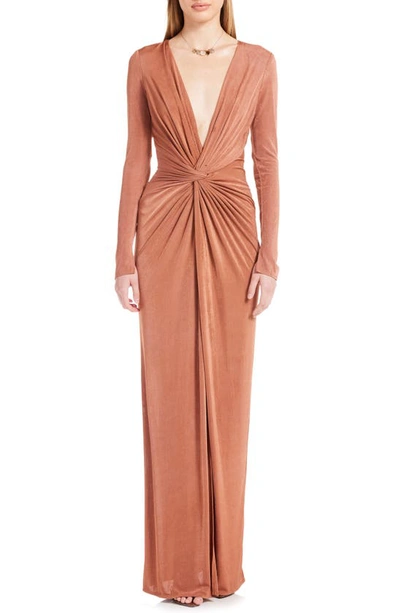 Katie May In A Mood Ruched Cutout Long Sleeve Gown In Muted Copper