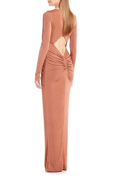 Shop Katie May In A Mood Ruched Cutout Long Sleeve Gown In Muted Copper