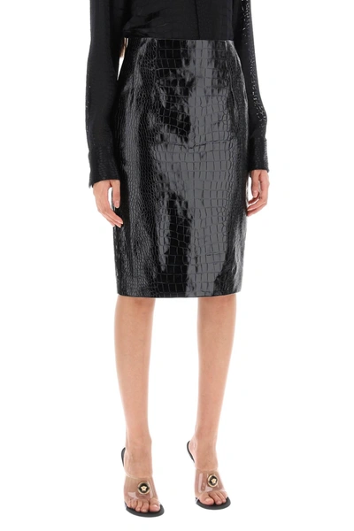 Shop Versace Croco-effect Leather Pencil Skirt Women In Black