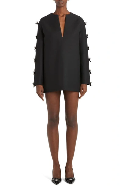 Shop Valentino Crystal Bow Cutout Long Sleeve Crepe Couture Minidress In Nero/ Silver