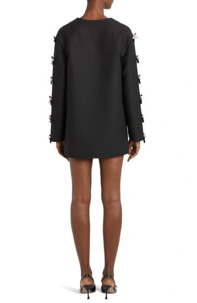 Shop Valentino Crystal Bow Cutout Long Sleeve Crepe Couture Minidress In Nero/ Silver