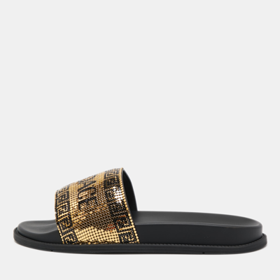 Pre-owned Fendi X Versace Gold Metal And Rubber Flat Slides Size 43