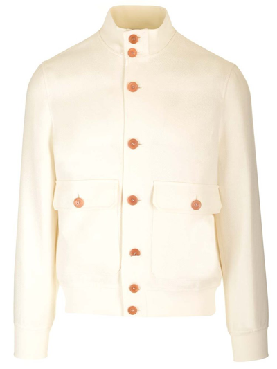Shop Brunello Cucinelli Long Sleeved Buttoned Bomber Jacket In White
