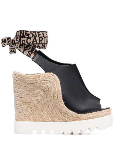 Shop Stella Mccartney 'gaia' Black Wedges With Jacquard Logo And Rope Heel Woman