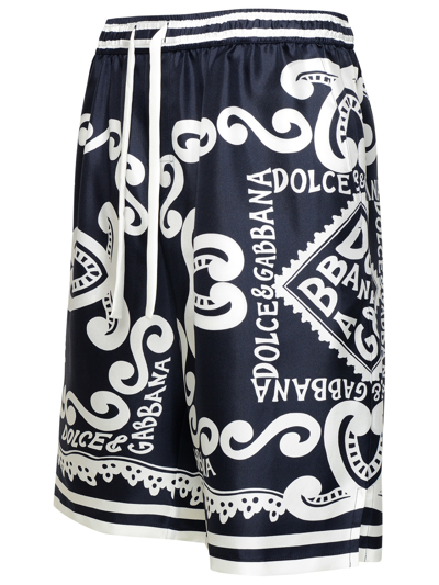 Shop Dolce & Gabbana Man  Bermuda Shorts Navy Silk Joggers In Blue