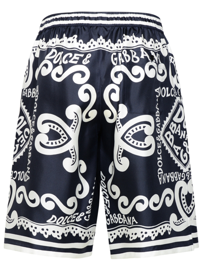 Shop Dolce & Gabbana Man  Bermuda Shorts Navy Silk Joggers In Blue