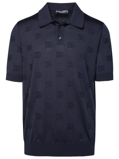 Shop Dolce & Gabbana Man Navy Silk Polo Shirt In Blue