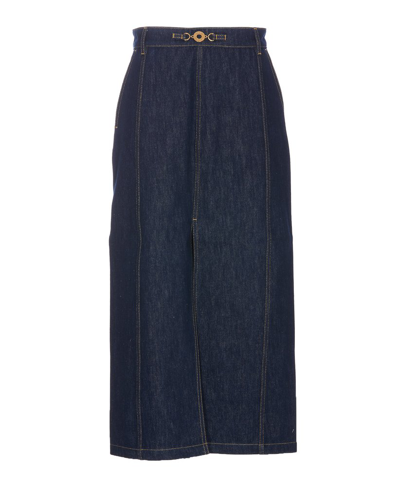Shop Patou Logo Plaque Denim Midi Skirt In Blue