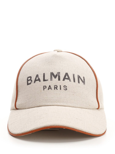 Shop Balmain Logo Printed Baseball Cap In Beige