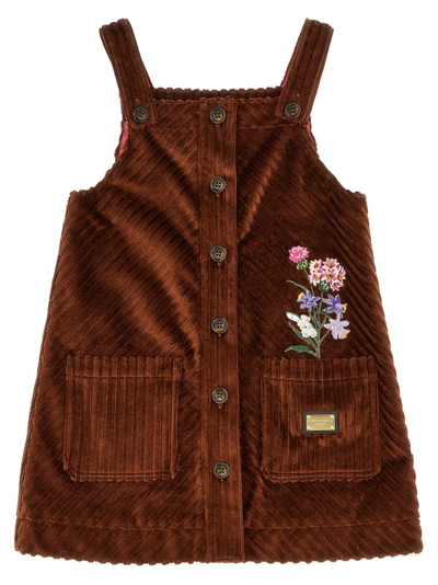 Shop Dolce & Gabbana Kids Floral Embroidered Sleeveless Corduroy Dress In Brown