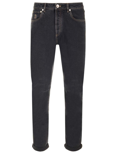 Shop Brunello Cucinelli Logo Detailed Slim Jeans In Grey