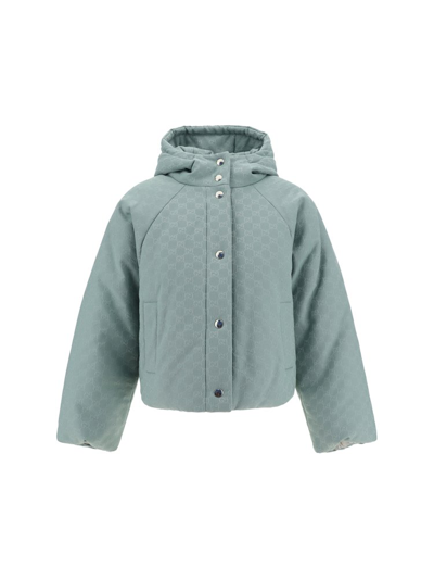 Shop Gucci Gg Hooded Bomber Jacket In Blue