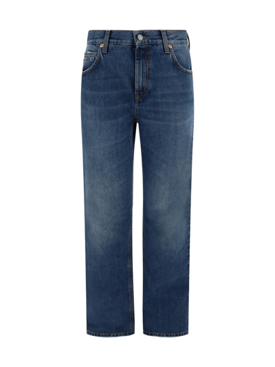 Shop Gucci Horsebit Detailed Washed Denim Jeans In Blue