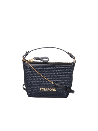 Shop Tom Ford Logo Patch Straw Mini Tote Bag In Black